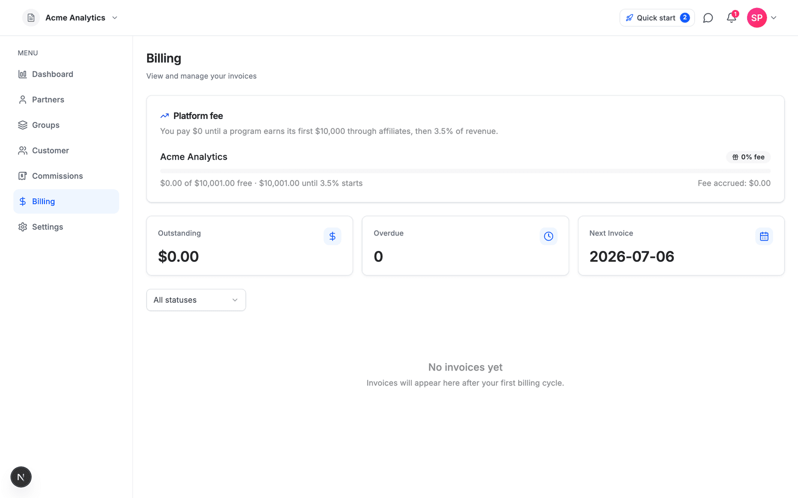 Affitor's Billing view: platform fee meter showing $0 accrued until the first $10,000 of affiliate revenue, then 3.5%